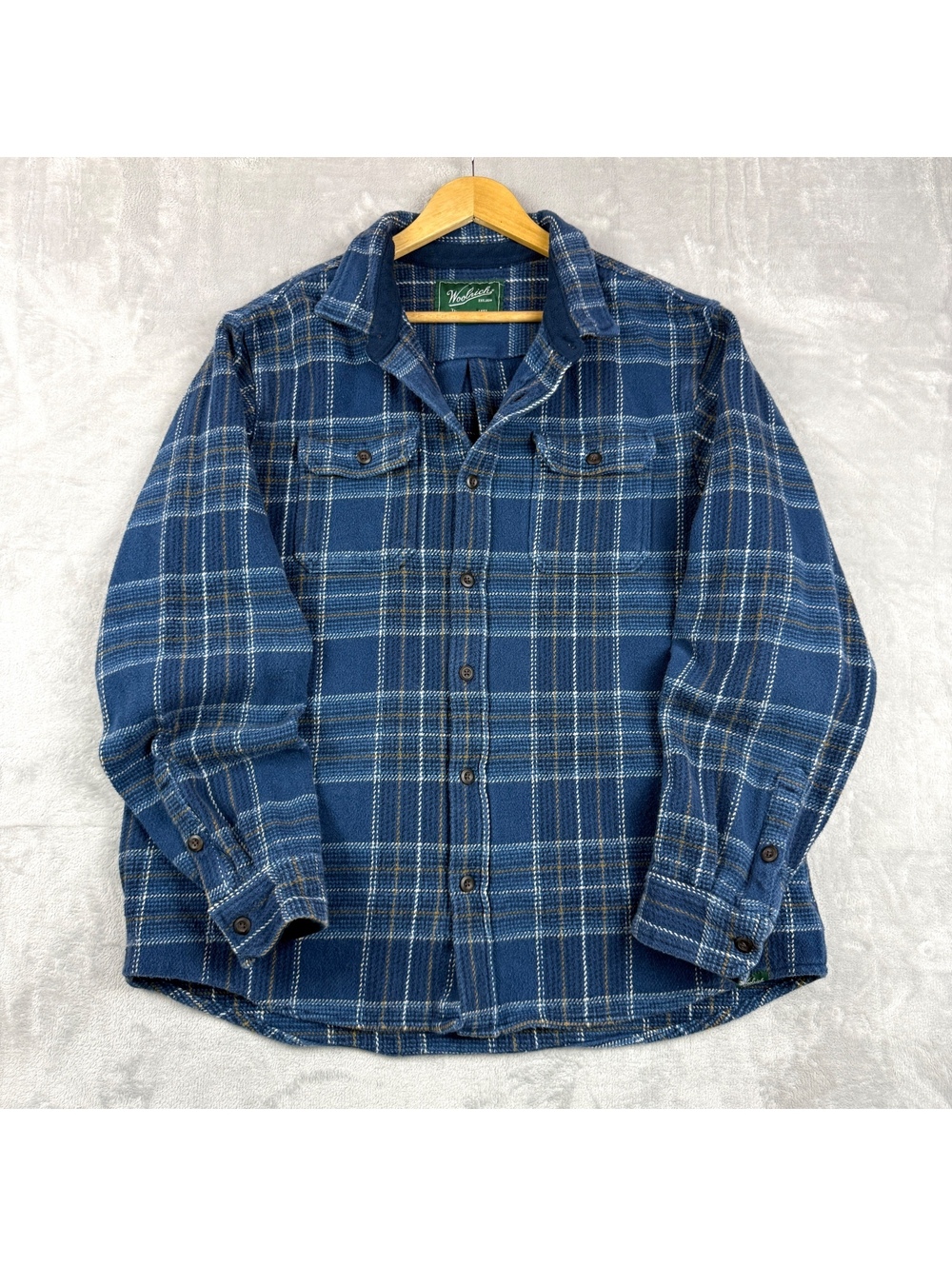 Woolrich Men’s XL Blue Plaid 100% Cotton Shirt Jacket Green Label Overshirt CPO